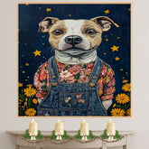 Dog Wall Art in Floral Shirt and Overalls Whimsical Animal Nursery Decor Farmhouse Bedroom Wall Art Cottage Country Room Decor Gift for Dog Lovers on Ready to Hang 1.5" Thick Canvas Wrap, Floating Framed Canvas, Flat Rolled Canvas